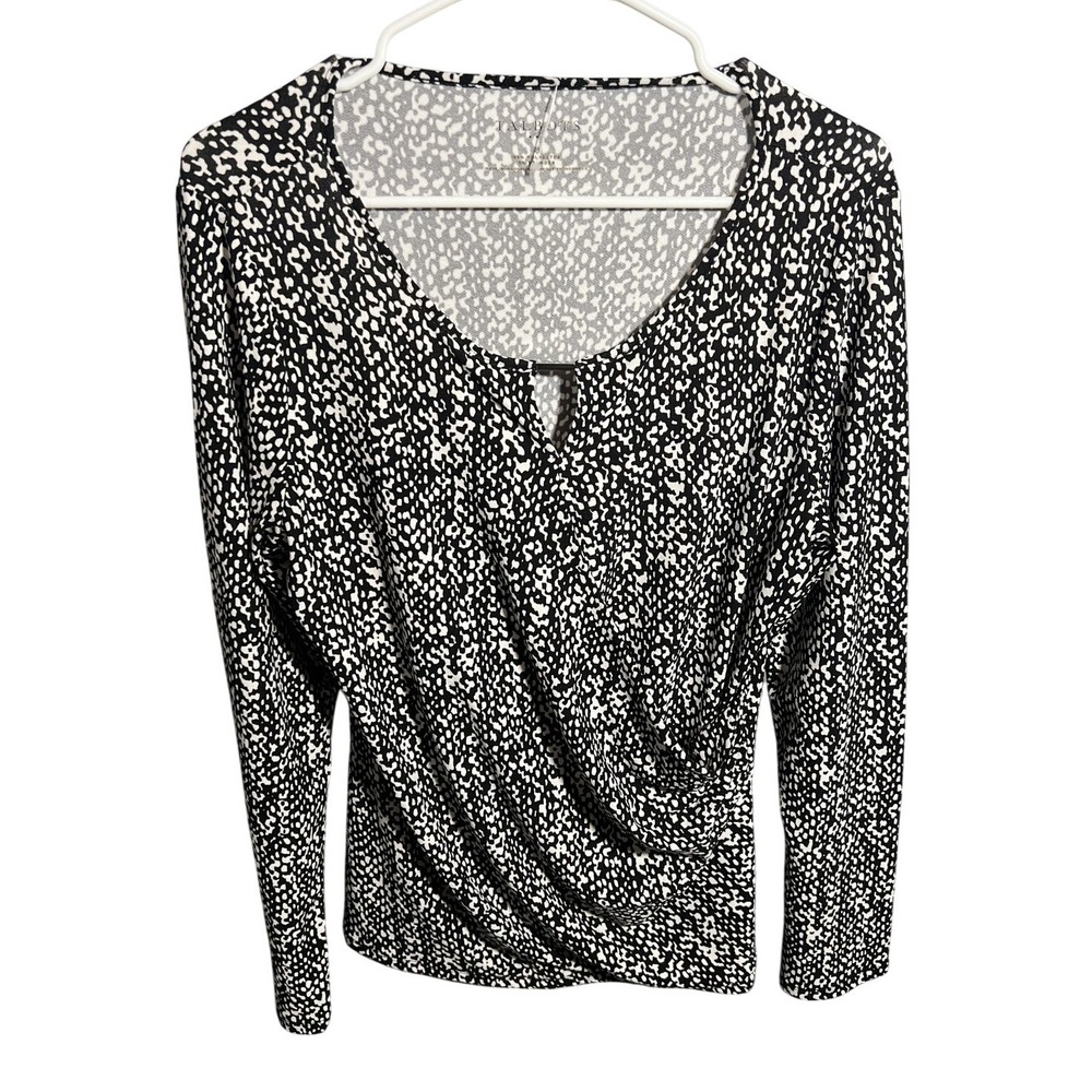 Talbots Women's Black White Speckle Faux Wrap Draped Blouse‎ Top Size M Keyhole